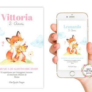 Invito FESTA di compleanno VOLPE, bambina, bambino, 1 anno, 2 anni, battesimo, comunione, cresima, whatsapp, party kit, invito digitale