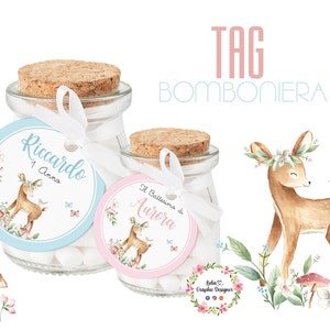 TAG BOMBONIERA cerbiatto con fiori bosco, nascita, battesimo, compleanno, cioccolatini, segnalibro matita, scatoline per confetti, party kit