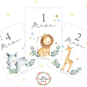 Carte PRIME TAPPE animali della savana, idea regalo neonato, neomamma, fiocco nascita, quadretto nascita, bambini e neonati, milestone cards