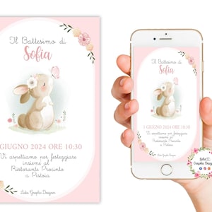 Invito digitale festa CONIGLIO rosa, Nascita, Battesimo, Compleanno, cioccolatini, comunione, bambini, segnalibri, party kit farfalle, fiori