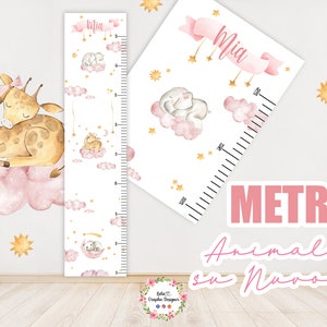 METRO CRESCITA animali su nuvola, elefante, giraffa, decorazioni cameretta bambini, 1 anno, regalo crescita, quadretto nascita, prime tappe