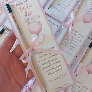 Segnalibri bomboniera CONIGLIO e fiori, nascita, compleanno, battesimo, comunione, cresima, matita piantabile, cioccolatini, rosa