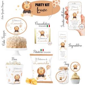 PARTY KIT leone, nascita, battesimo, compleanno, comunione, cresima, bambini, cioccolatini, segnalibro, matite piantabili, tag animali bosco