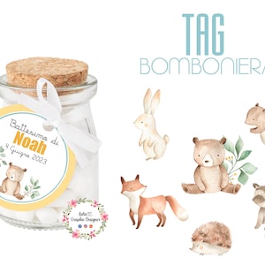 Bigliettino per Bomboniera animali del bosco, orsetto, nascita, battesimo, comunione, cresima, bambino, bambina, volpe, scoiattolo