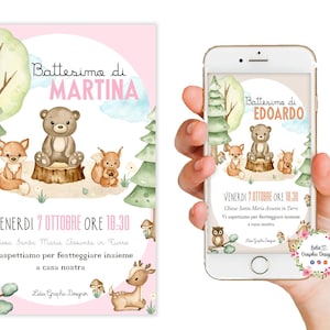 Invito digitale ANIMALI del BOSCO e ORSETTO, battesimo bambini, compleanno, comunione, cresima, volpe, cerbiatto, lupo, scoiattolo, bambini
