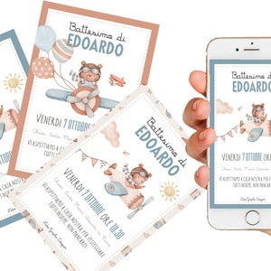 Invito digitale ORSETTO AVIATORE, 1 anno, 2 anni, Battesimo, compleanno, comunione, cresima, aereo, nuvole, pilota, party kit aviatore, tag