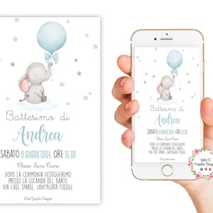 Invito digitale festa ELEFANTINO e palloncino, nascita, battesimo, primo compleanno, cioccolatini, comunione, segnalibri, party kit, bambini