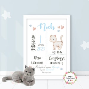 Quadretto nascita GATTI, animali, idea regalo nascita, bambina, battesimo, compleanno, fiocco nascita, carte primi mesi, rosa, baby shower