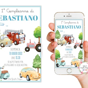 Invito digitale MEZZI DI TRASPORTO, primo compleanno, comunione, bambini, polizia, pompieri, 5 anni, 6 anni, camion, motorino, trattore, gru