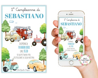 May include: A blue and white invitation card with a cartoon illustration of a red fire truck, a yellow car, a blue scooter, and a pink tractor. The text on the card reads "1° Compleanno di SEBASTIANO" and "Domenica 19 Giugno 2022 ORE 15:30 VI ASPETTIAMO PER FESTEGGIARE A CASA NOSTRA".