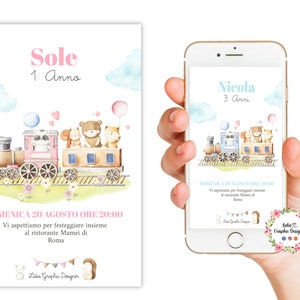 Invito digitale TRENO con animali BOSCO, nascita, battesimo, festa di compleanno, party kit orsetto, 1 anni, 2 anni, 3 anni, 4 anni, bambini