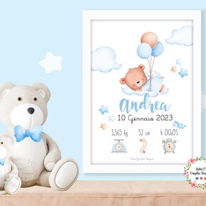 QUADRETTO nascita ORSETTO con palloncino, idea regalo nascita, regalo battesimo, primo compleanno, fiocco nascita, bambini, nuvola, natale