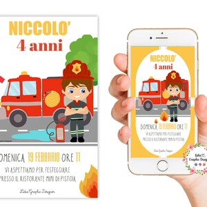 Invito digitale festa VIGILI DEL FUOCO o pompieri, compleanno bambini, 1 anno, 2 anni, 3 anni, 4 anni, 5 anni, 6 anni, party kit super eroi