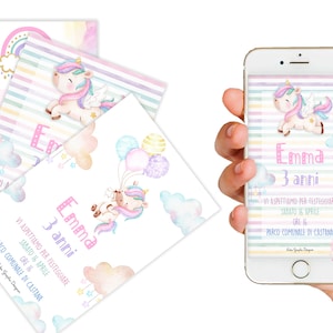 Invito compleanno UNICORNO e ARCOBALENO, primo compleanno, invito digitale battesimo, cresima, annuncio nascita, rosa