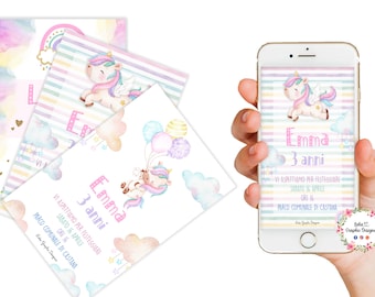 Puede incluir: Una invitación colorida con un unicornio y globos. La invitación dice "Emma 3 años" e incluye la fecha y la hora del evento. El evento es en el Parco Comunale di Castana.