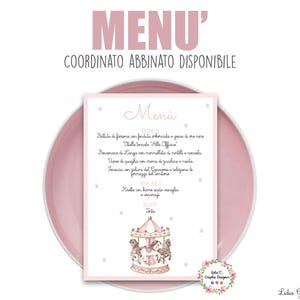 MENù CAROSELLO e cavalli, nascita, battesimo, primo compleanno, comunione, cresima, segnatavolo, tableau, segnaposto, cioccolatini, rosa