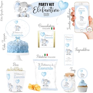 PARTY KIT ELEFANTE con palloncino , nascita, battesimo, compleanno, comunione, cresima, bambini, cioccolatini, segnalibro, matite piantabili