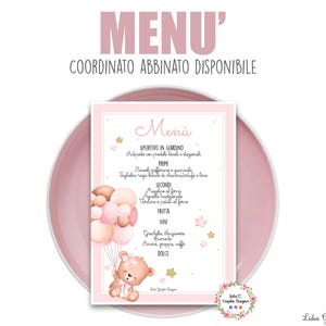 MENù ORSETTO con palloncini, nascita, battesimo, compleanno, comunione, cresima, segnatavolo, tableau, bomboniera, cioccolatini, party kit