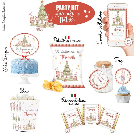 PARTY KIT ANIMALI bosco a natale, nascita, battesimo, compleanno, comunione, cresima, cioccolatini, segnalibro, invito social, confetti