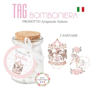 bigliettino BOMBONIERA CAROSELLO e cavalli, battesimo, compleanno, comunione, cresima, cioccolatini, segnalibro, scatoline confetti, bambina