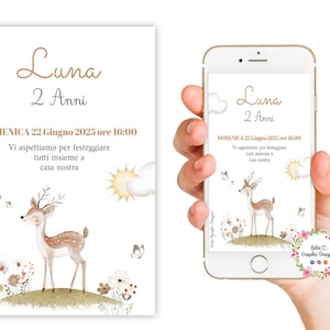 Invito digitale ANIMALI del BOSCO con CERBIATTO boho , battesimo bambini, compleanno, comunione, cresima, fiori, lupo, scoiattolo, orsetto