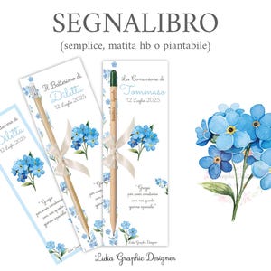 Segnalibro fiore NON ti SCORDAR diI ME, nascita, battesimo, comunione, segnaposto, idea regalo bomboniera, matita piantabile, cioccolatini