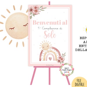 TABLEAU benvenuto, ARCOBALENO e SOLE, nascita, battesimo, compleanno, comunione, party kit arcobaleno, invito digitale arcobaleno, fiori