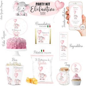 PARTY KIT ELEFANTE con palloncino , nascita, battesimo, compleanno, comunione, cresima, bambini, cioccolatini, segnalibro, matite piantabili