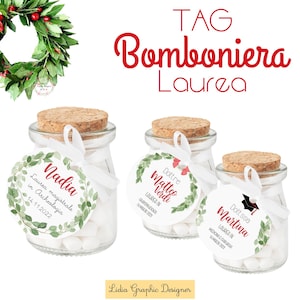 Bigliettino Bomboniera festa di LAUREA, scatola confetti, segnalibro personalizzato, cioccolatini, tocco, fiocco rosso, nero, alloro verde