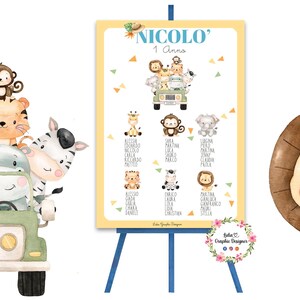 TABLEAU SAVANA JEEP, battesimo, compleanno, comunione, segnatavolo, segnaposto, menù, cioccolatini, party kit leone, giraffa, elefante, tag