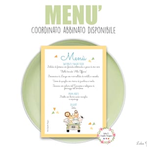 MENù SAVANA JEEP leone e animali foresta, nascita, battesimo, compleanno, comunione, cresima, segnatavolo, tableau, cioccolatini, party kit