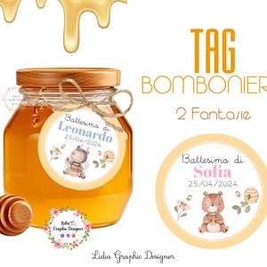 TAG BOMBONIERA Orsetto con ape e miele, nascita, battesimo, compleanno, comunione, bambini, cioccolatini, segnalibro, invito festa, confetti