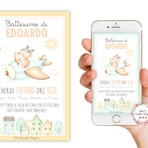 Invito digitale Volpe su aereo, Nascita, Battesimo, Compleanno, cioccolatini, bambini, segnalibri, party kit animali del bosco, bomboniera,