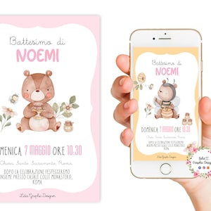Invito digitale ORSETTO e APE con MIELE, nascita, battesimo, compleanno, comunione, cioccolatini, bambina, segnalibri, party kit orsetto