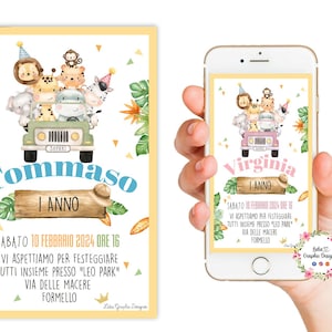 Invito digitale animali della SAVANA JEEP, compleanno, comunione, cresima, Party kit animali safari, leone, giraffa, 1 anno, 2 anni, bambini