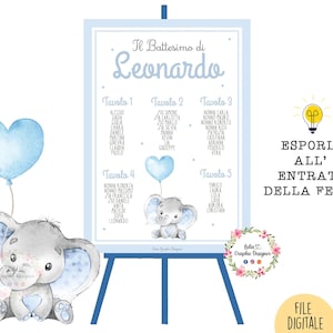 TABLEAU ELEFANTE con palloncini, battesimo, compleanno, comunione, cresima, segnatavolo, segnaposto, menù, cioccolatini, party kit elefante