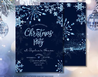 Puede incluir: Una plantilla de invitación para fiesta de Navidad en azul oscuro con ilustraciones de copos de nieve blancos y azul claro. El texto dice: You are invited to Christmas Party at Sophia's House, Saturday November 20 at 4:00 PM, 123 Any St, Any City, RSVP to Sophia 123-456-789.