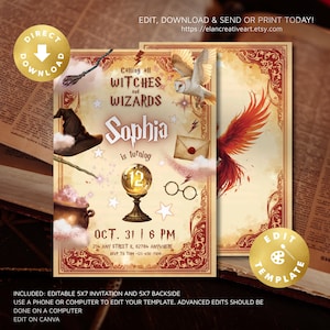 May include: A digitally designed invitation with a fantasy theme. The invitation features the text "Calling all Witches and Wizards" and "Sophia is turning 12". The design includes an owl, a phoenix, a cauldron, and a magic wand.