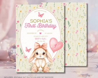 Bunny First Birthday Invitation, Floral Girl Invite (Editable Template)