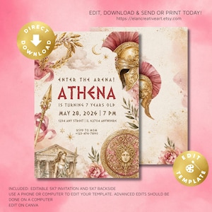 May include: Athena birthday party invitation with a watercolor design. The invitation features a gold and red helmet, spear, and shield. The text reads "Enter the Arena! Athena is turning 7 years old."