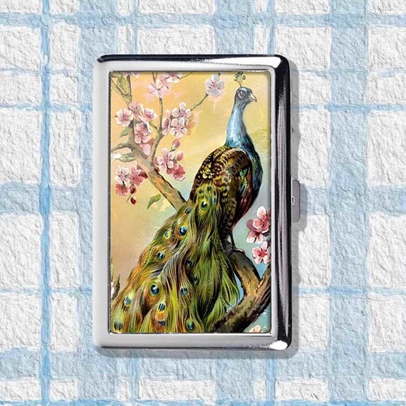 Peacock Cherry Blossoms Case Art Deco Vintage Metal Joint Holder  Zigarettenetui Nouveau Style Storage Box