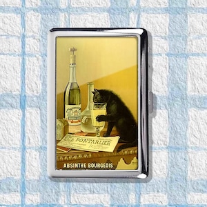 May include: A silver cigarette case with a vintage Absinthe Bourgeois advertisement. The image depicts a black cat, bottles, and a glass of absinthe. The text "Pontarlier" and "Absinthe Bourgeois" are displayed on the case.