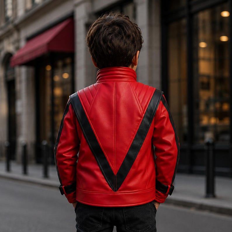 May include: A vibrant red jacket featuring a prominent black V-shaped panel across the back and shoulders. The jacket has a high collar, long sleeves with black cuffs, and a structured design with quilted detailing on the upper back section.