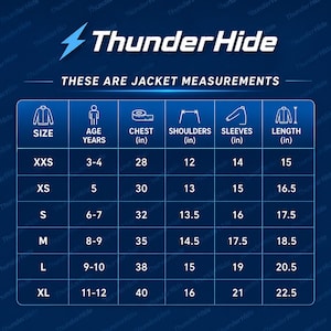 May include: A blue ThunderHide size chart for jackets featuring columns for age in years, chest, shoulders, sleeves, and length in inches. The table lists sizes from XXS to XL with corresponding measurements for children aged three to twelve years.