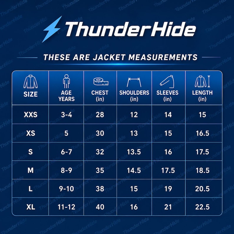 May include: A blue ThunderHide size chart for jackets featuring columns for age in years, chest, shoulders, sleeves, and length in inches. The table lists sizes from XXS to XL with corresponding measurements for children aged three to twelve years.