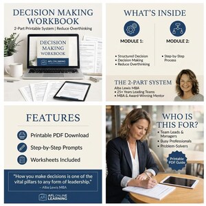 May include: A four-panel image promoting a decision-making workbook. The top left panel shows a laptop with the workbook title. Other panels detail the workbook's modules, features, and target audience. Text includes "Printable PDF Download" and "Reduce Overthinking."