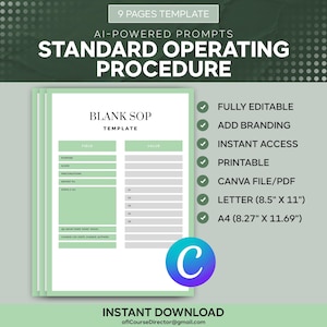 Puede incluir: Una plantilla digital para un Procedimiento Operativo Estándar (POE) con el texto "BLANK SOP TEMPLATE". El documento es de color verde claro y blanco, con marcas de verificación y texto que indica características como "Totalmente editable" e "Imprimible". Incluye tamaños Carta (21,6 cm x 27,9 cm) y A4 (21 cm x 29,7 cm).