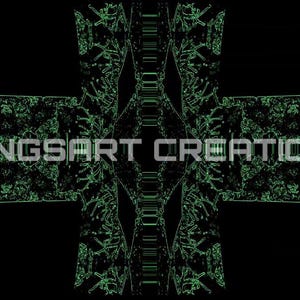 Op de afbeelding: Abstract digitaal kunstwerk met een zwarte achtergrond en een symmetrisch ontwerp. Het ontwerp bevat groene, geometrische vormen en de tekst "BONGSART CREATIONS" in het wit.