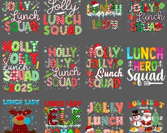 PNG de Navidad de Jolly Lunch Squad: Imágenes prediseñadas divertidas de vacaciones escolares, descarga de sublimación de humor de Lunch Lady