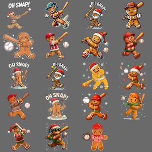 Könnte beinhalten: Ein sich wiederholendes Muster von Lebkuchenmännern, die Baseball spielen, jeder mit einer Baseballkappe oder einem Weihnachtsmannhut. Der Satz "OH SNAP!" erscheint über einigen Figuren. Baseballschläger und Basebälle sind ebenfalls abgebildet.